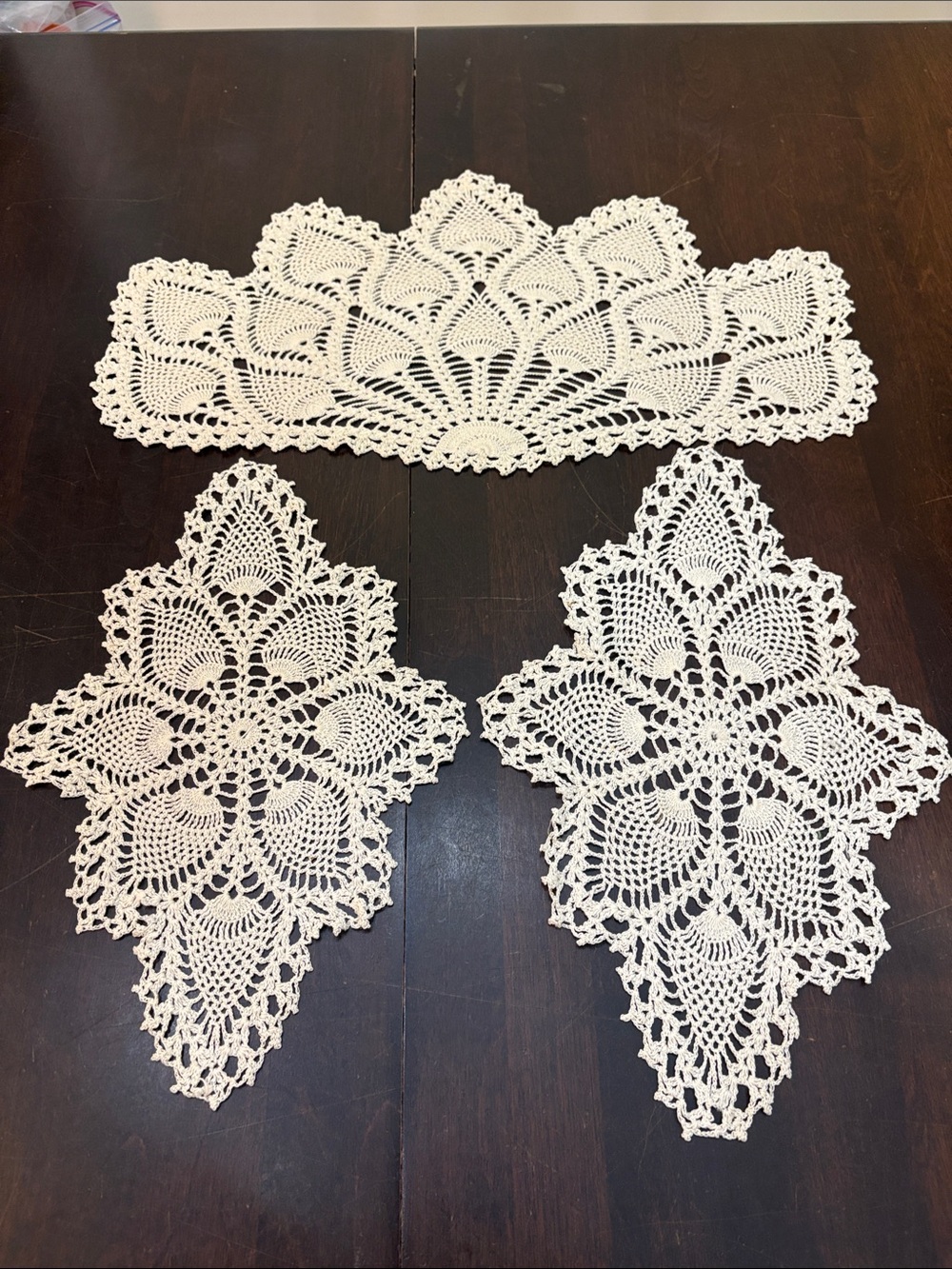 Vintage Handmade Cream pineapple Crochet Doilies Set